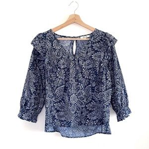 Madewell V Neck Ruffle Shoulder Cotton Top Paisley Garden Blue Small